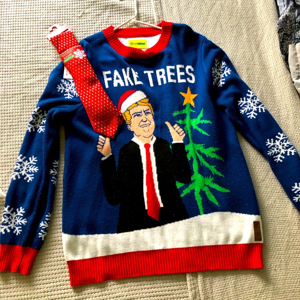 Trump fake trees ugly xmas sweater
